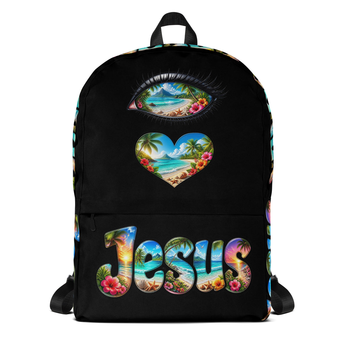 I Love Jesus Tropical Black Backpack - Front View