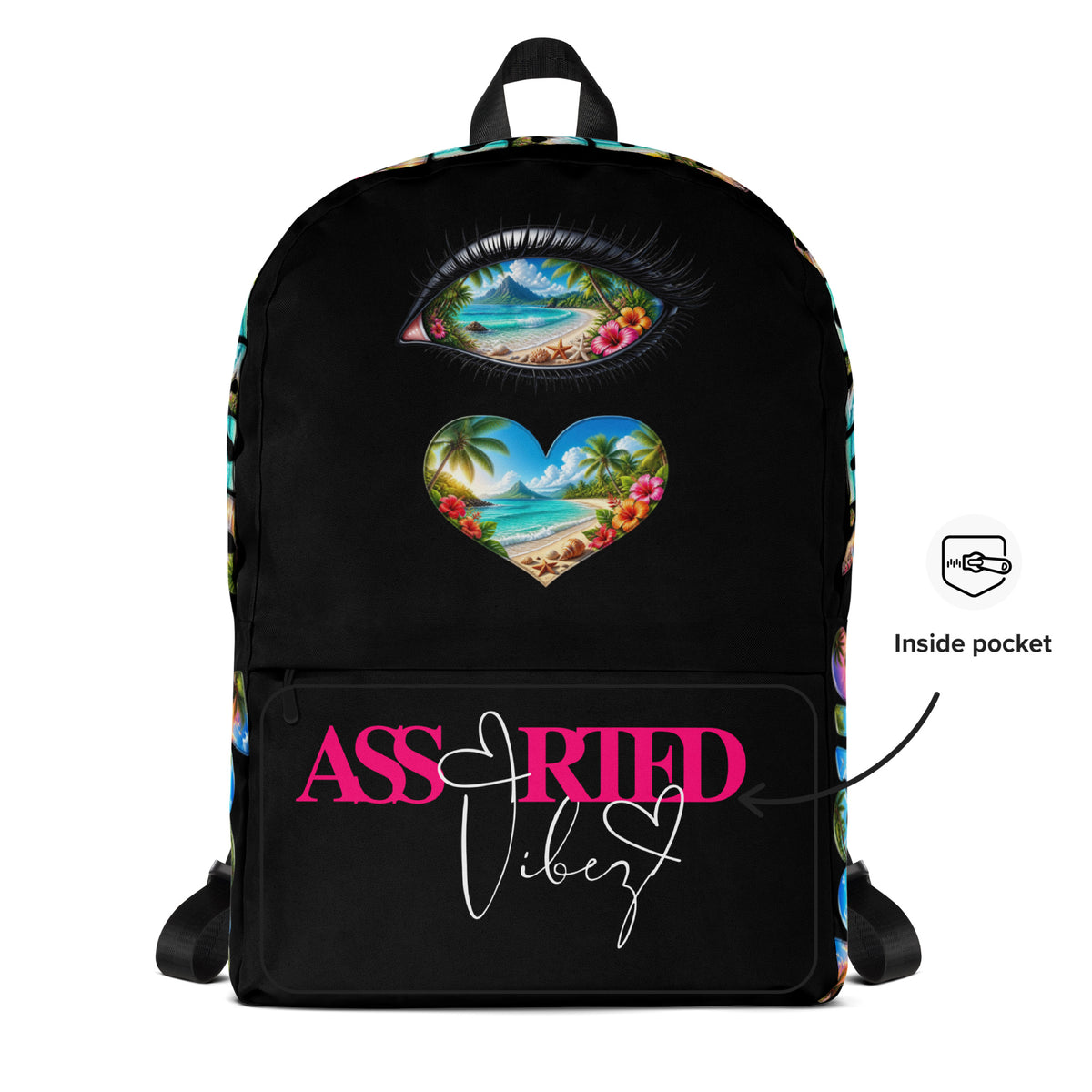 I Love Jesus Tropical Black Backpack - Full Inside Pocket View