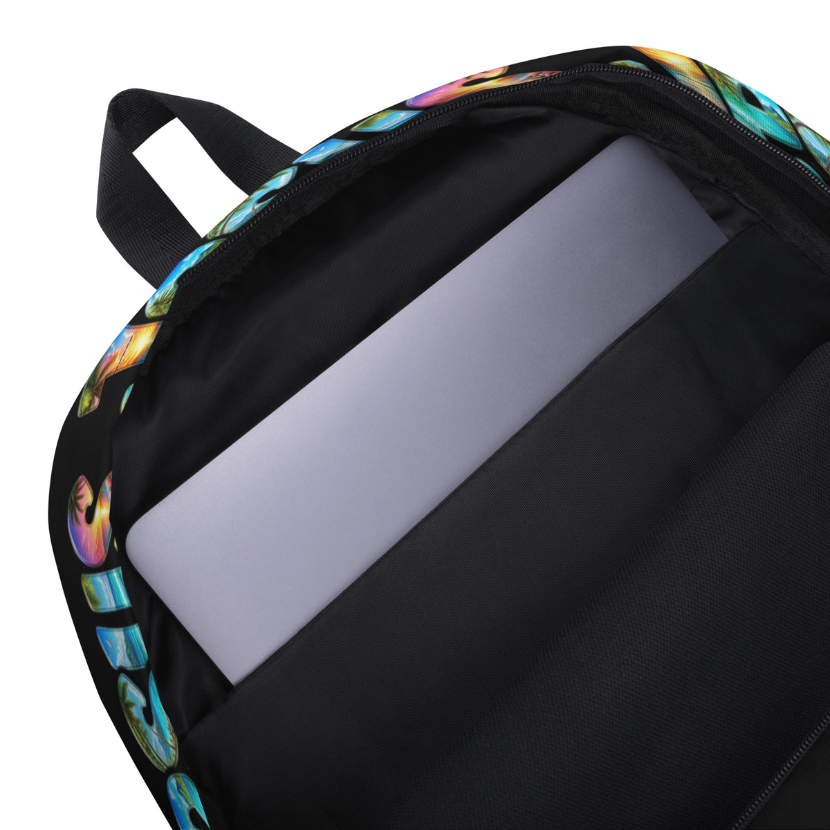 I Love Jesus Tropical Black Backpack - Laptop Pocket View