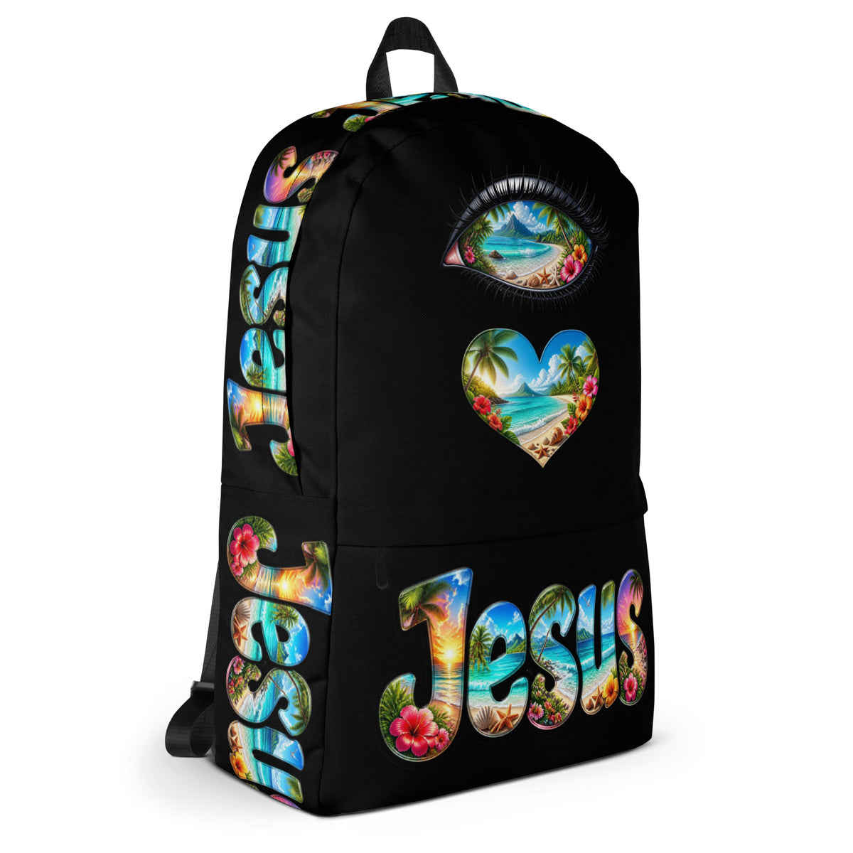 I Love Jesus Tropical Black Backpack - Side View