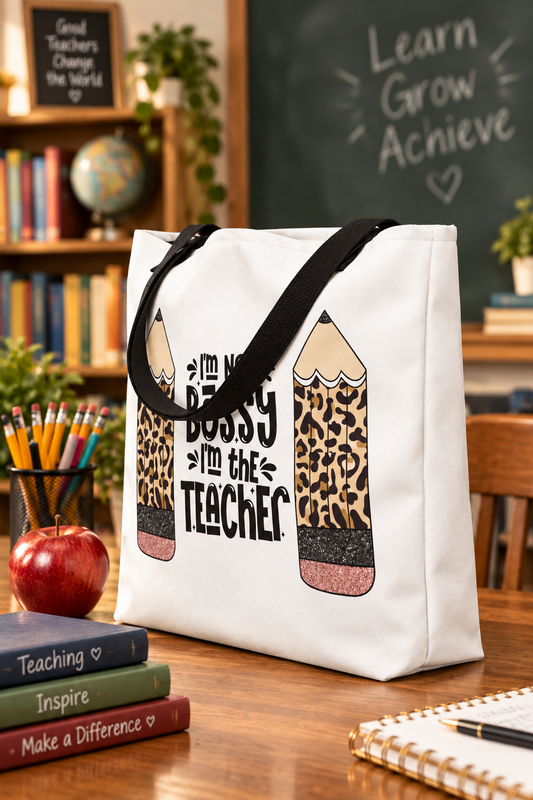 I'm Not Bossy - I'm The Teacher White Large Tote Bag (Side View)