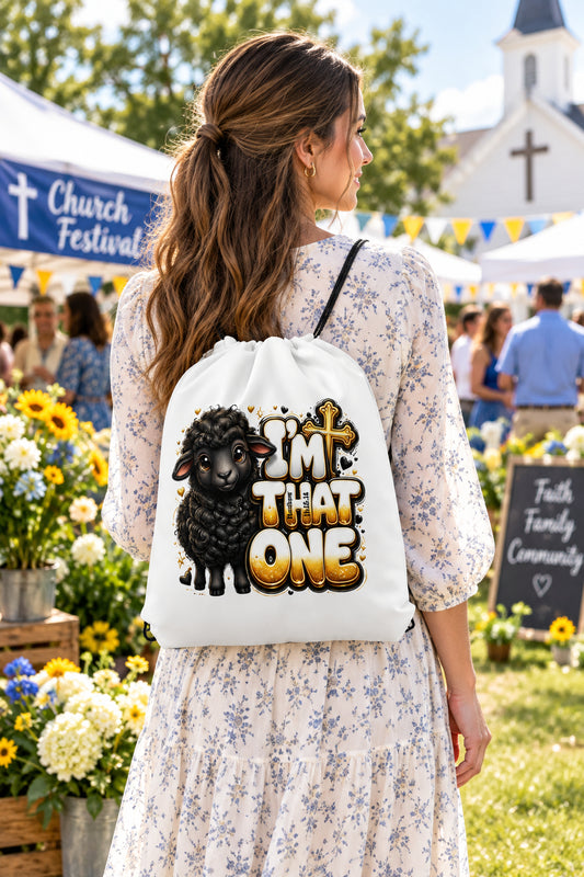 I'm That One White Drawstring Bag - Female Wearing View