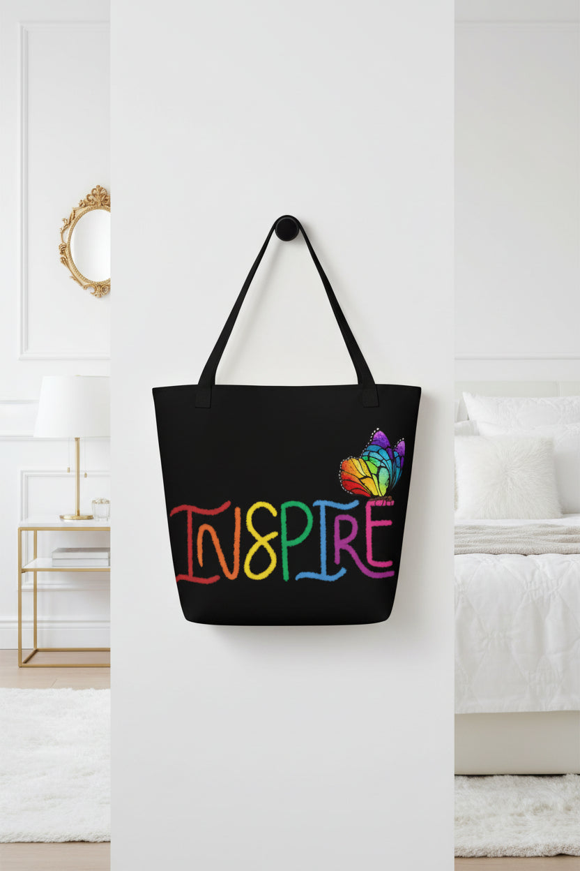 Inspire Rainbow - Black Large Tote Bag