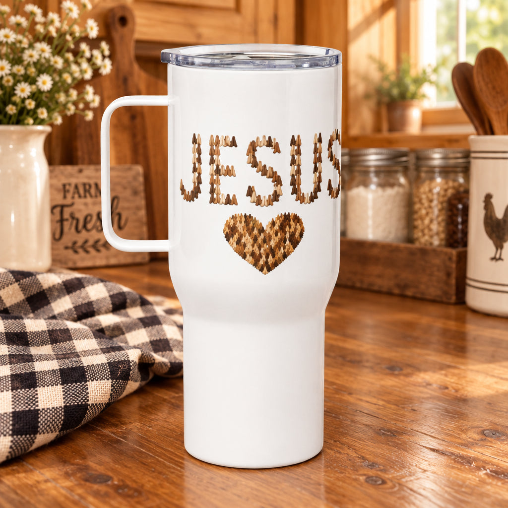 Jesus with All Skin Toned Praying Hands White Travel Mug with Handle 25 oz