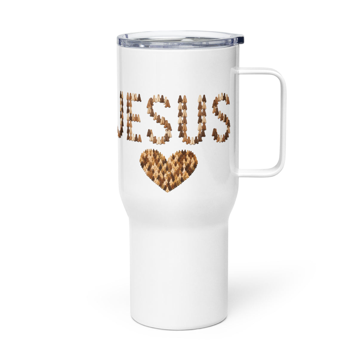 Jesus with All Skin Toned Praying Hands White Travel Mug with Handle 25 oz Left Handle View