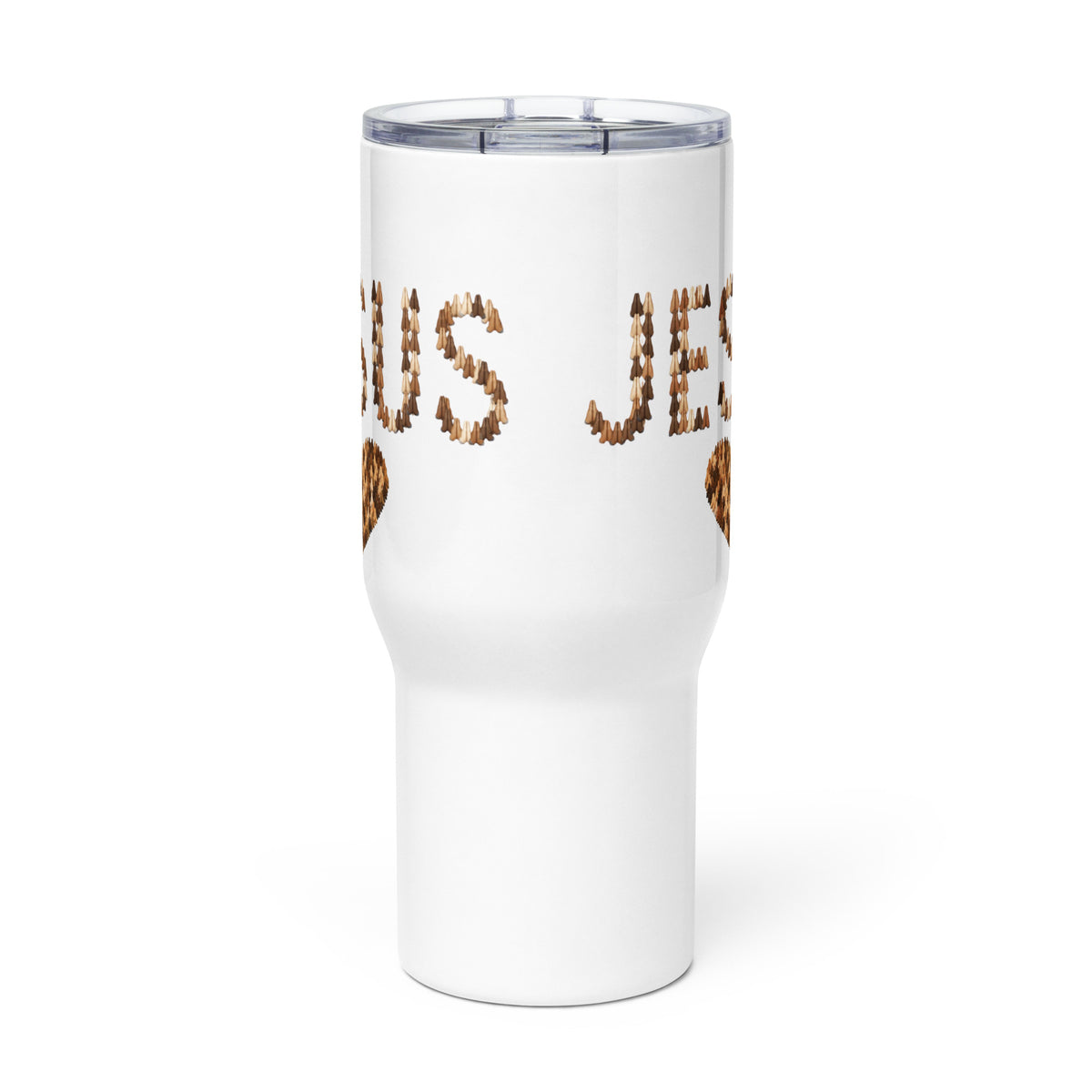 Jesus with All Skin Toned Praying Hands White Travel Mug with Handle 25 oz Side View