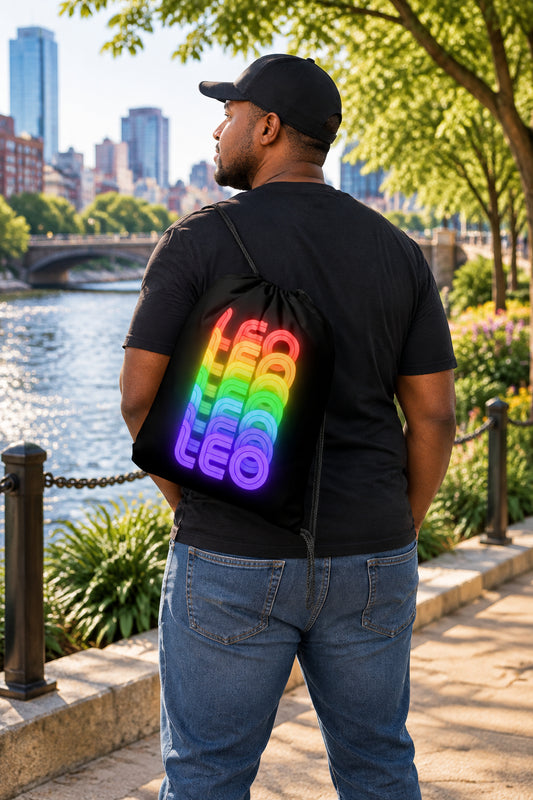 LEO_Rainbow_-_Black_Drawstring_Bag (Man Wearing View)