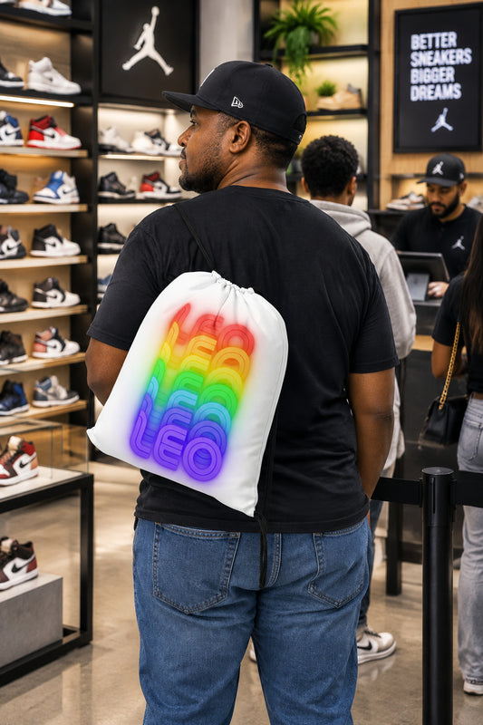 LEO Rainbow - White Drawstring Bag (Man Wearing View)