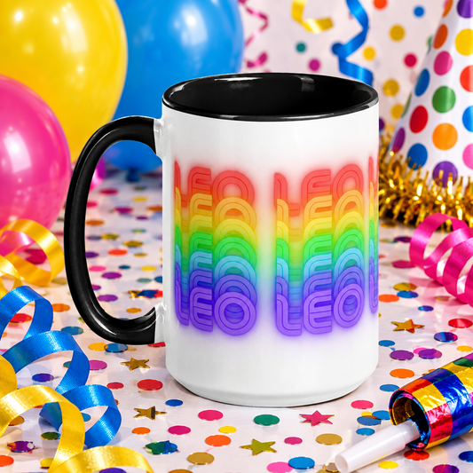Leo Rainbow - White Coffee Mug with Black Color Inside & Handle - 15 oz. - Left Handle View