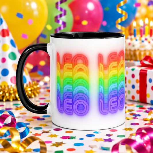 Leo Rainbow - White Coffee Mug with Black Color Trim - 11 oz. - Left Handle View