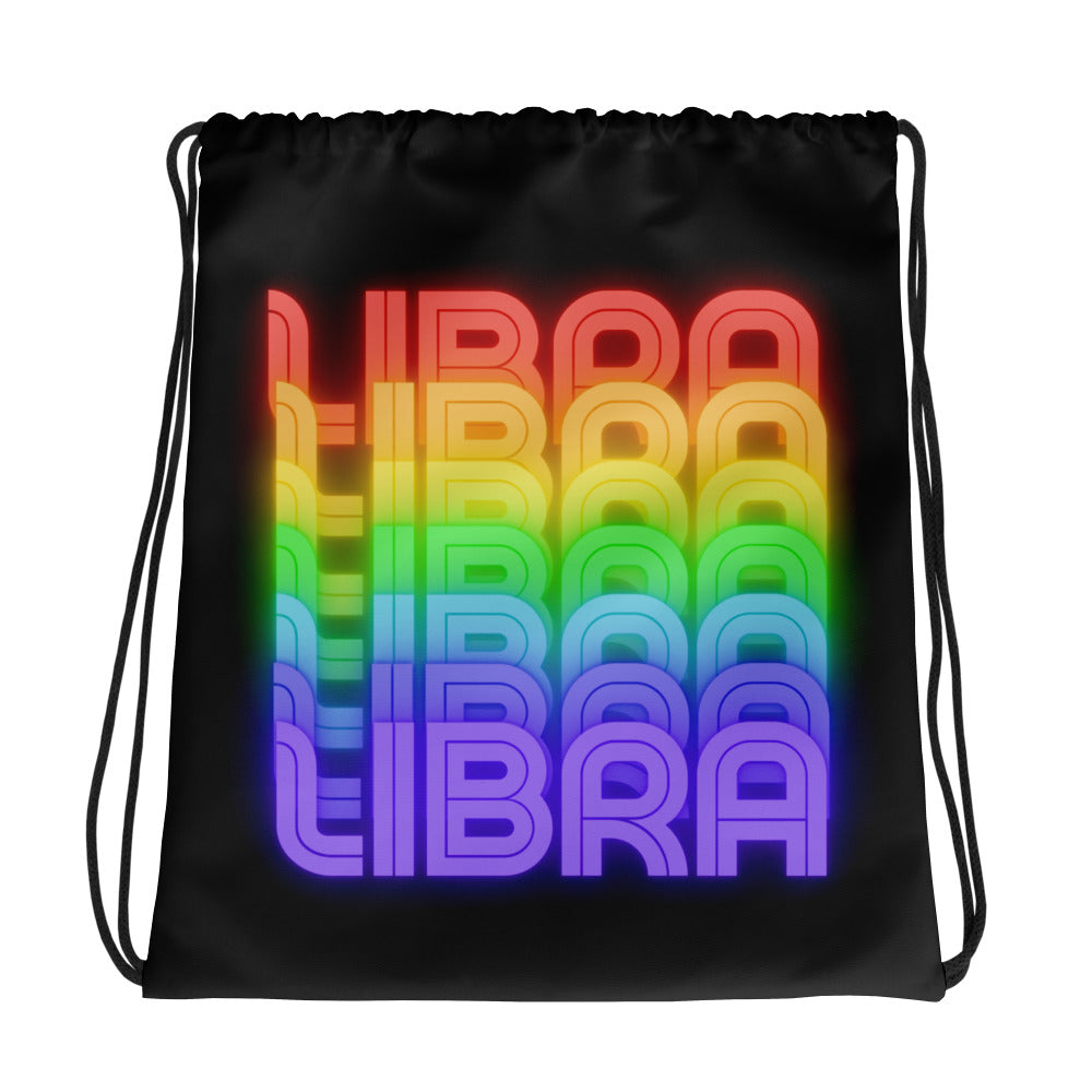 Black drawstring backpack with a vibrant rainbow-colored text 'LIBRA' on the front.
