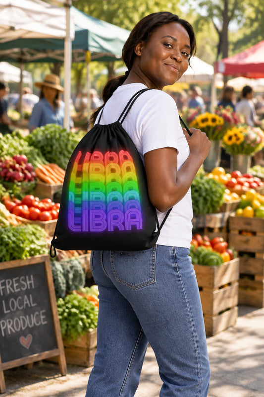Libra Rainbow - Black Drawstring Bag (Woman Carrying View)