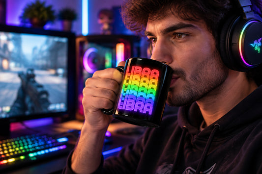 A black glossy coffee mug with 'LIBRA' text in rainbow colored text
