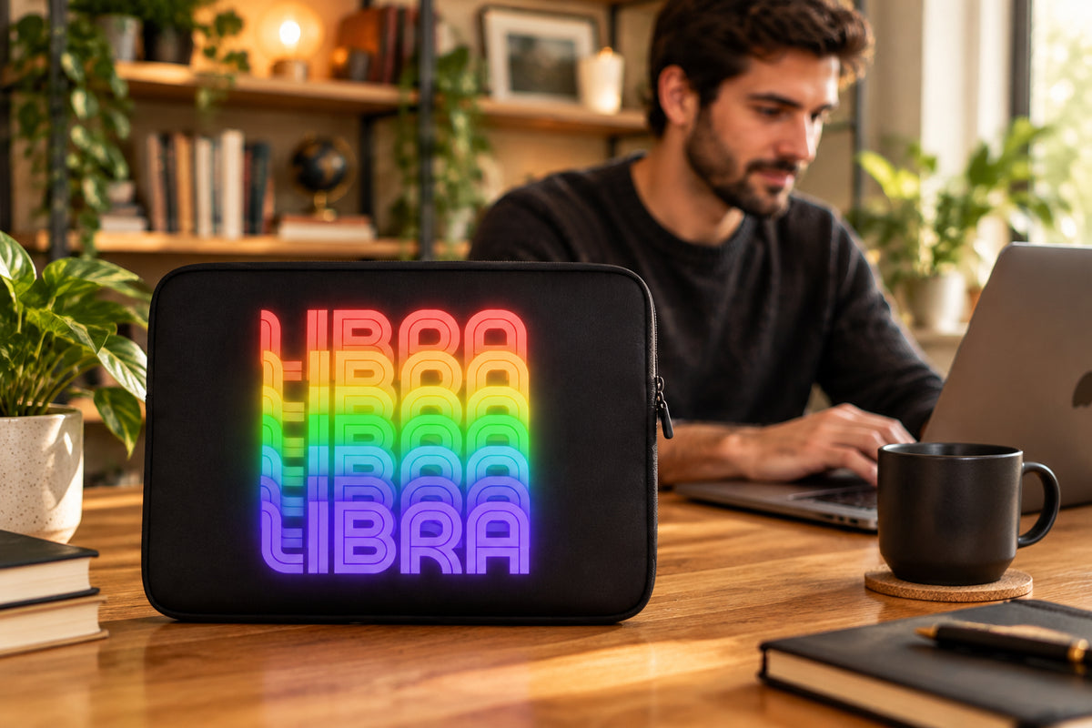 Black laptop sleeve with a rainbow colored 'LIBRA' text design on the front.