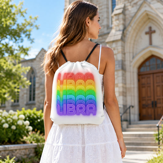 Libra Rainbow - White Drawstring Bag (Woman Wearing View)