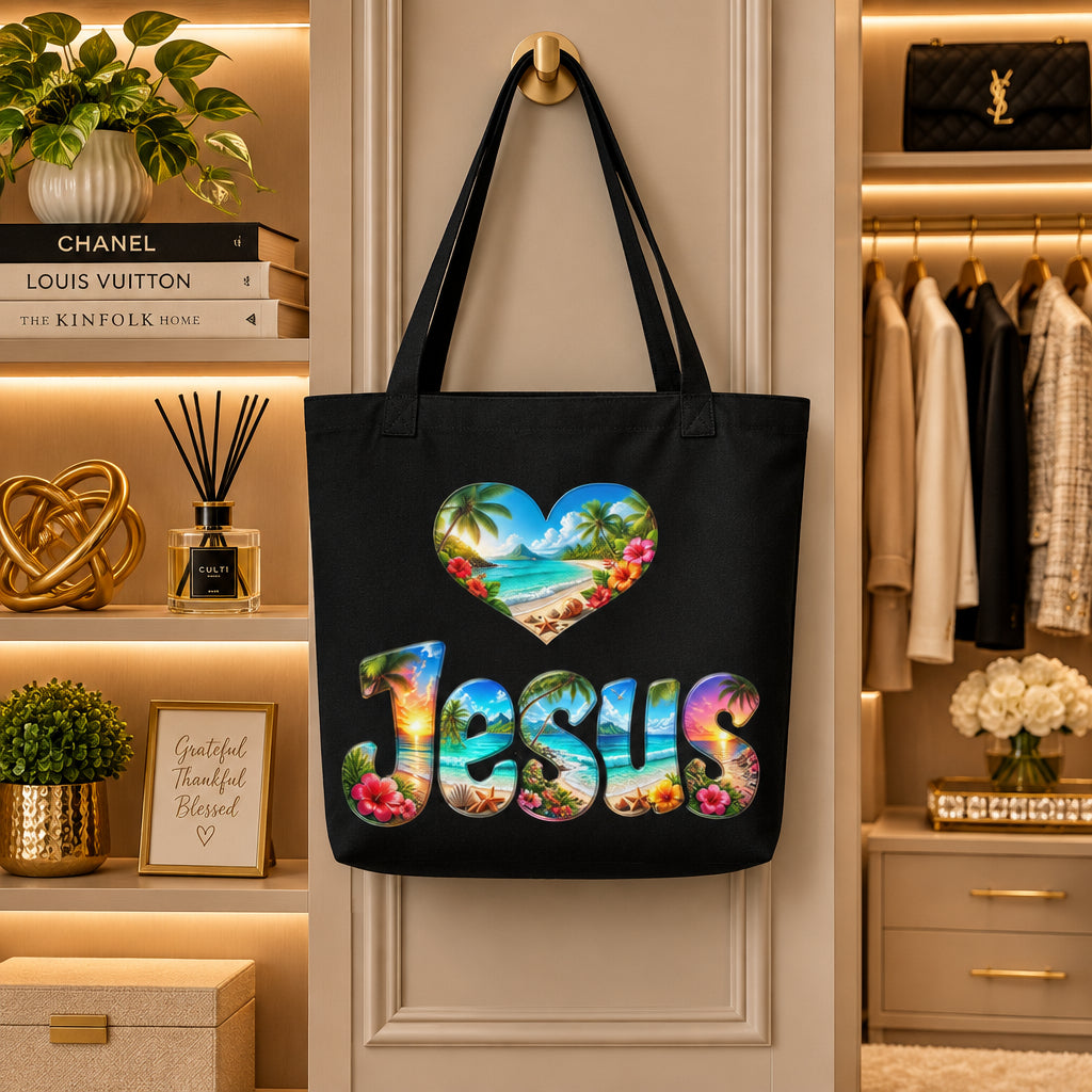 Love Jesus Black Large Tote Bag - Front & Back View