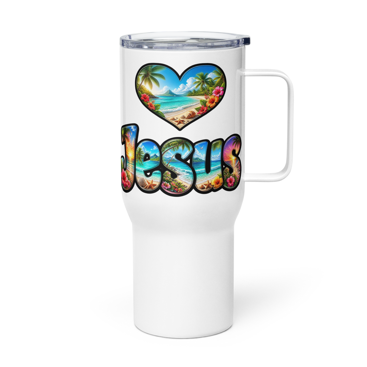 Love Jesus Travel Mug with Handle 25 oz Left Handle View