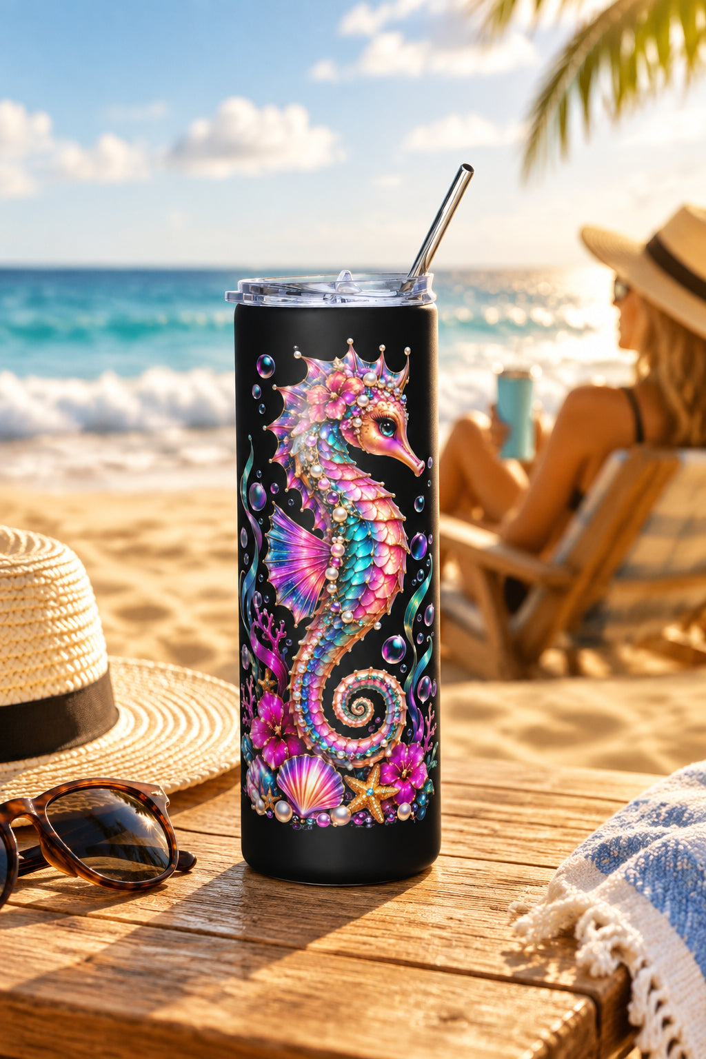Majestic Seahorse Black Stainless-Steel Tumbler 20 oz 