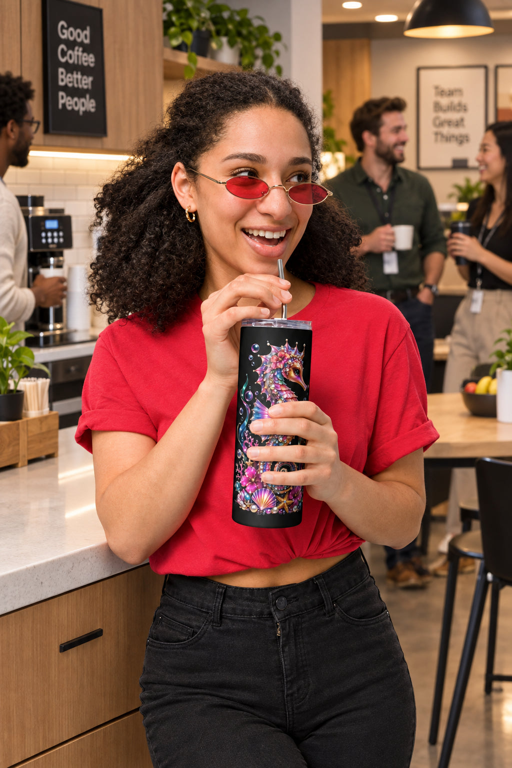 Majestic Seahorse Black Stainless-Steel Tumbler 20 oz (Female Enjoying View)