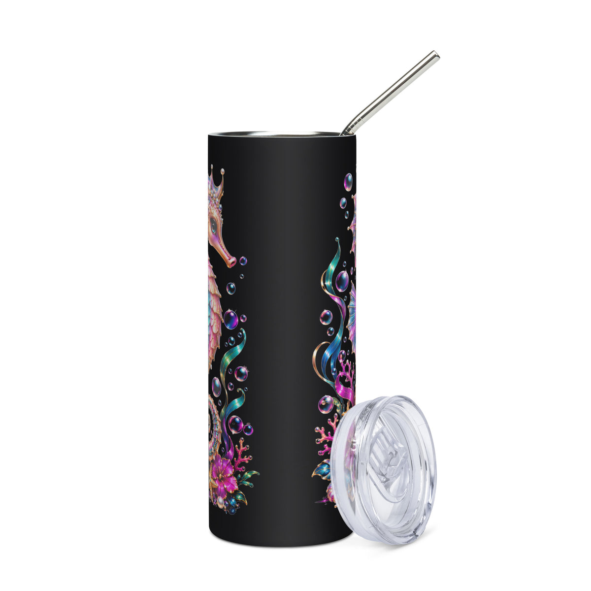 Majestic Seahorse Black Stainless-Steel Tumbler 20 oz (Side View)