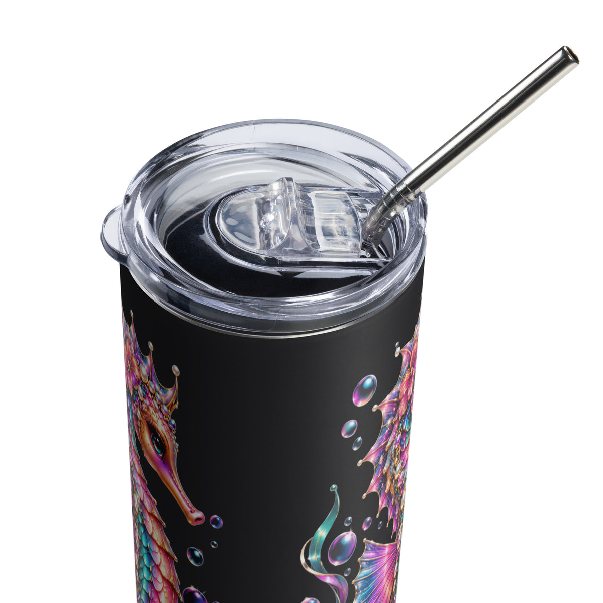 Majestic Seahorse Black Stainless-Steel Tumbler 20 oz (Top View)