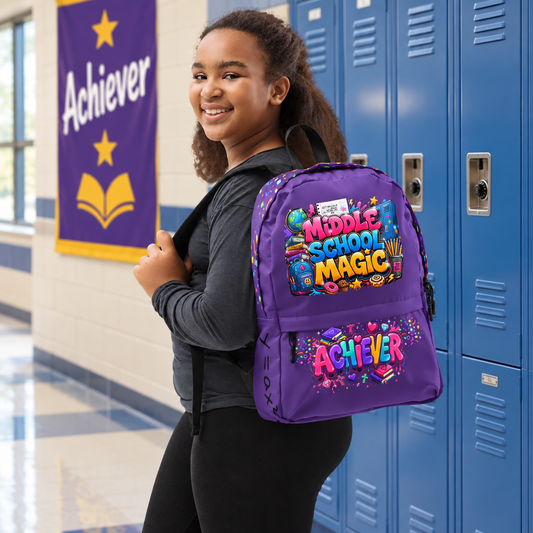 Middle School Magic Achiever Purple Backpack (Youth Female Wearing View)
