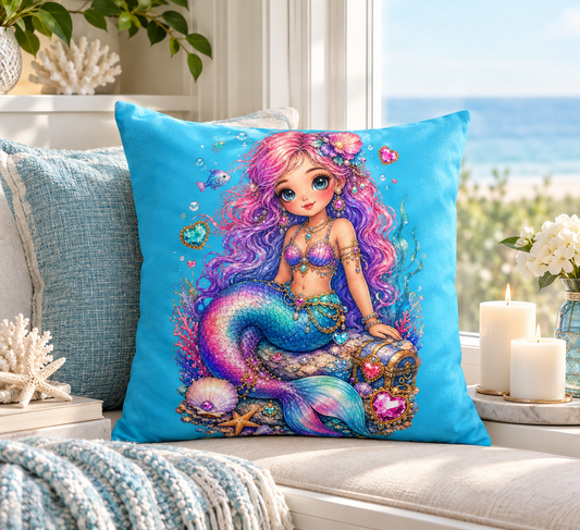 Mystical Mermaid Deep Sky Blue Premium Decor Pillow 22 x 22