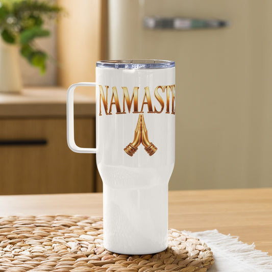 Namaste Praying Hands Brown & Gold Travel Mug with Handle (Right Handle View)