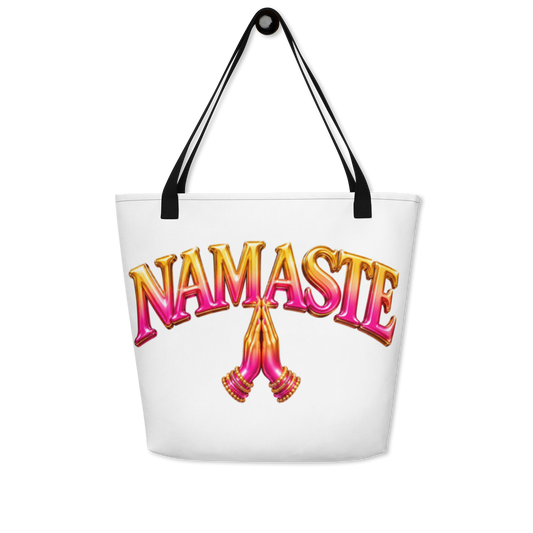 Namaste and Praying Hands Gold & Pink Ombre - White Large Tote Bag