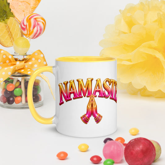 Namaste with Praying Hands Ping & Gold - White Mug with Color Trim 11 oz. (Left Handle View)