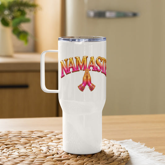 Namaste with Praying Hands Ping & Gold - White Travel Mug with Handle 25 oz (Right Handle View)