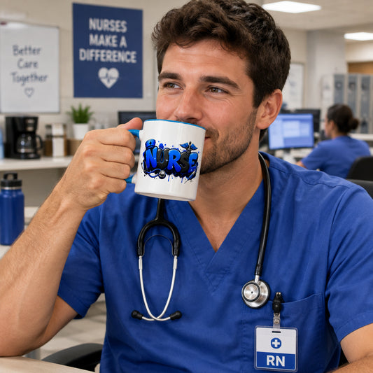 Nurse Blue, Black White Mug with Blue Color Trim (Left Handle View)