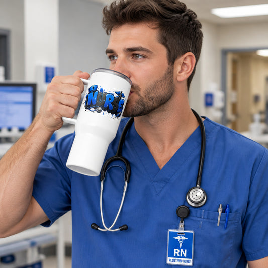 Nurse Blue, Black and White Travel Mug with Handle 25-oz (Right Handle View)
