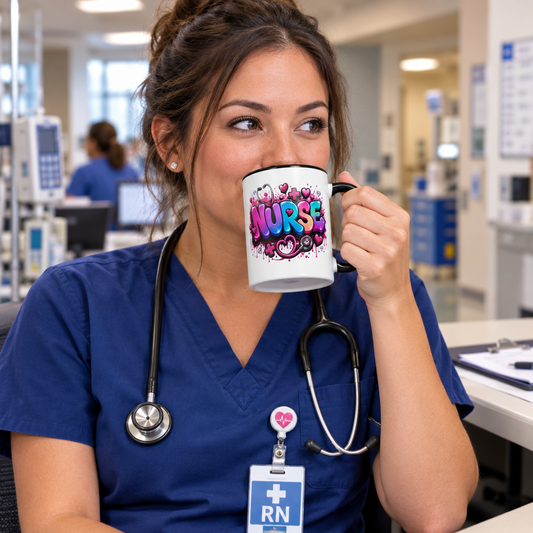Nurse Unicorn Color - White Mug with Black Color Trim - 15 oz. (Handle on the Right View)