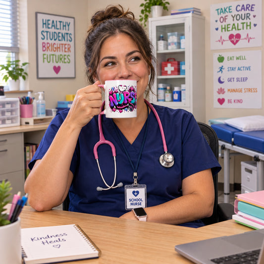 Nurse Unicorn Colored White Mug with Pink Color Trim (Left Handle View)