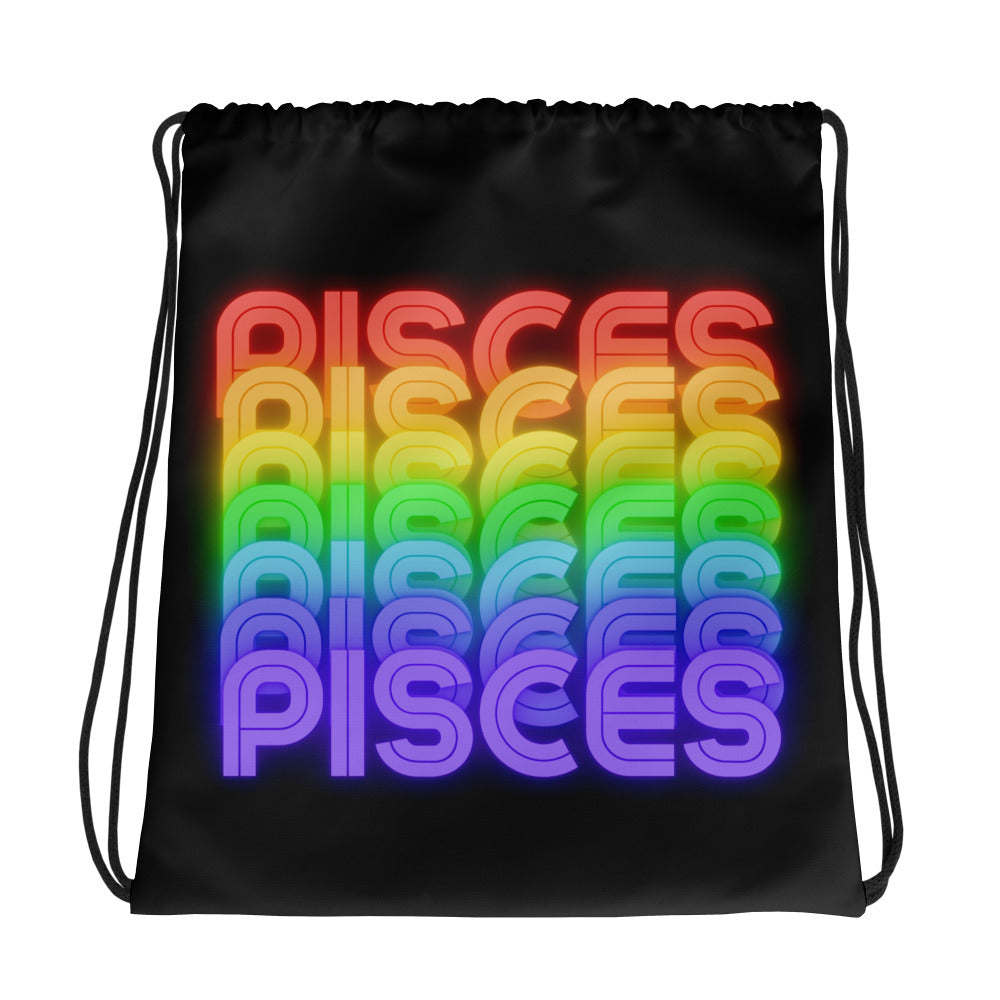 Pisces Rainbow - Black Drawstring Bag