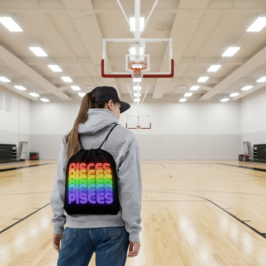 Pisces Rainbow - Black Drawstring Bag (Woman Wearing View) 