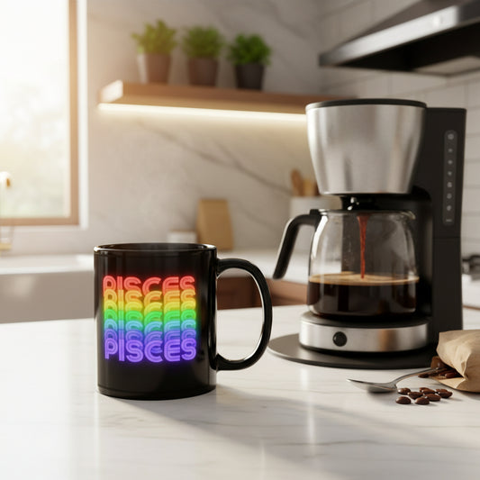 Pisces Rainbow - Black Glossy Mug 11 oz. Handle on the Right 