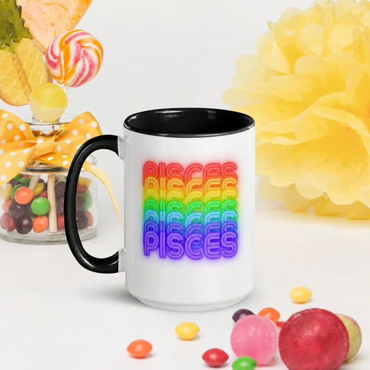 Pisces Rainbow - White Ceramic Mug with Black Color Trim 15 oz. (Left View)
