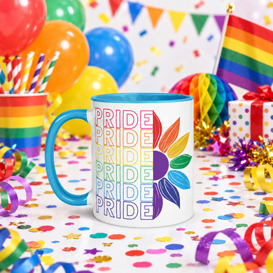Pride & Half Rainbow Flower - White Mug with Blue Color Trim - Left View