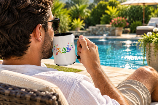 Pride Rainbow - White Mug with Black Color Trim - 15 oz - Right Handle View