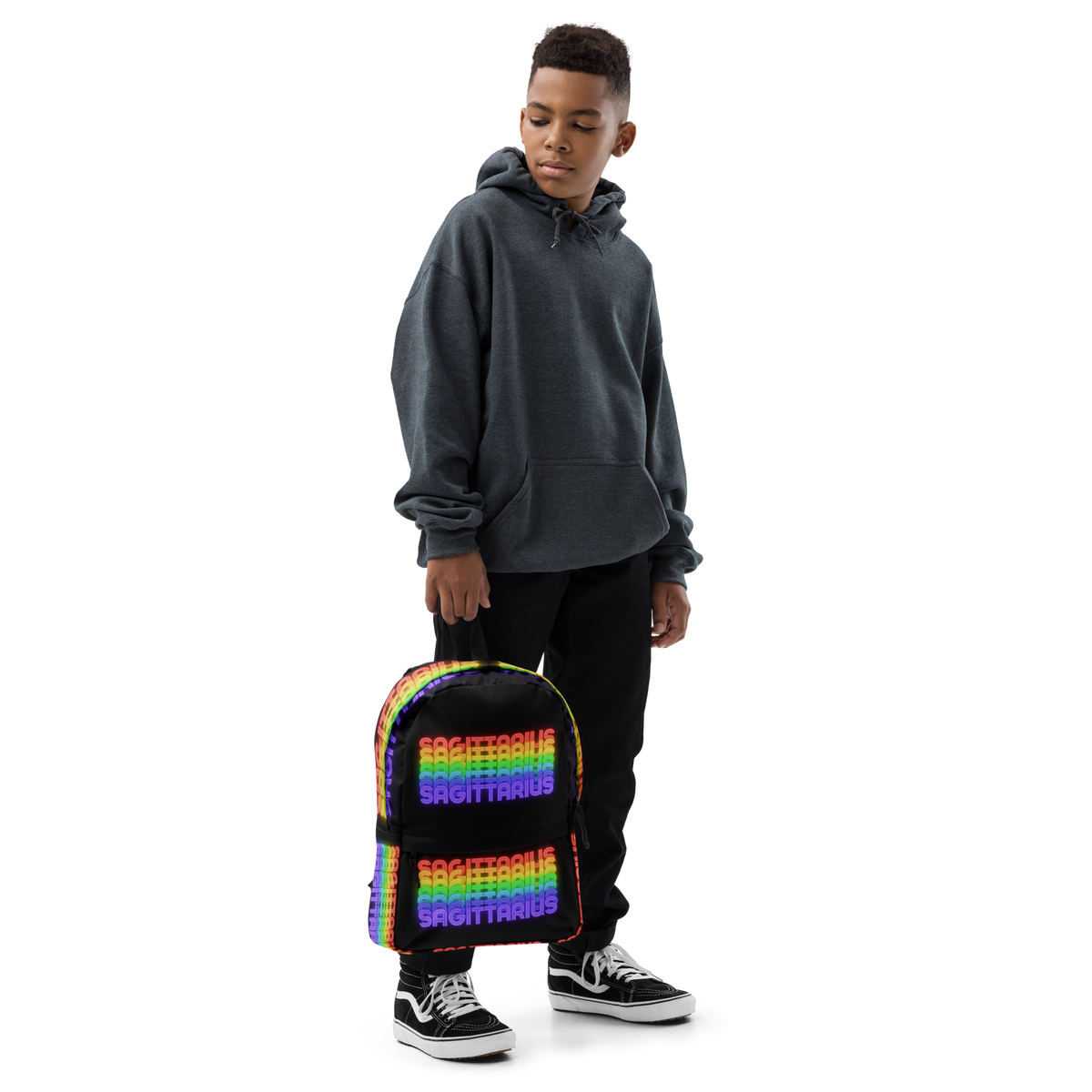 Sagittarius_Rainbow_Black_Backpack_Boy_Carrying_View