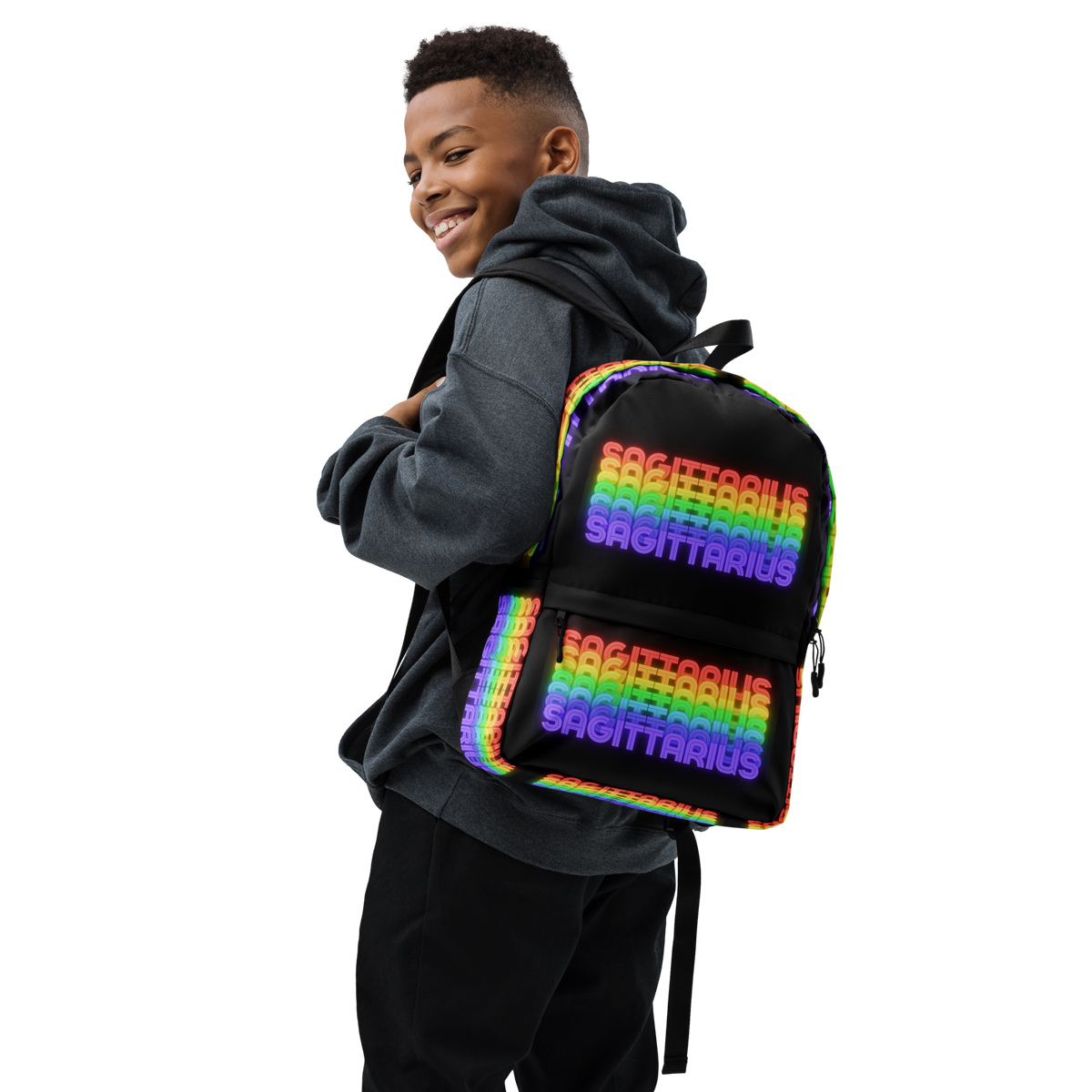 Sagittarius_Rainbow_Black_Backpack_Boy_Wearing_View