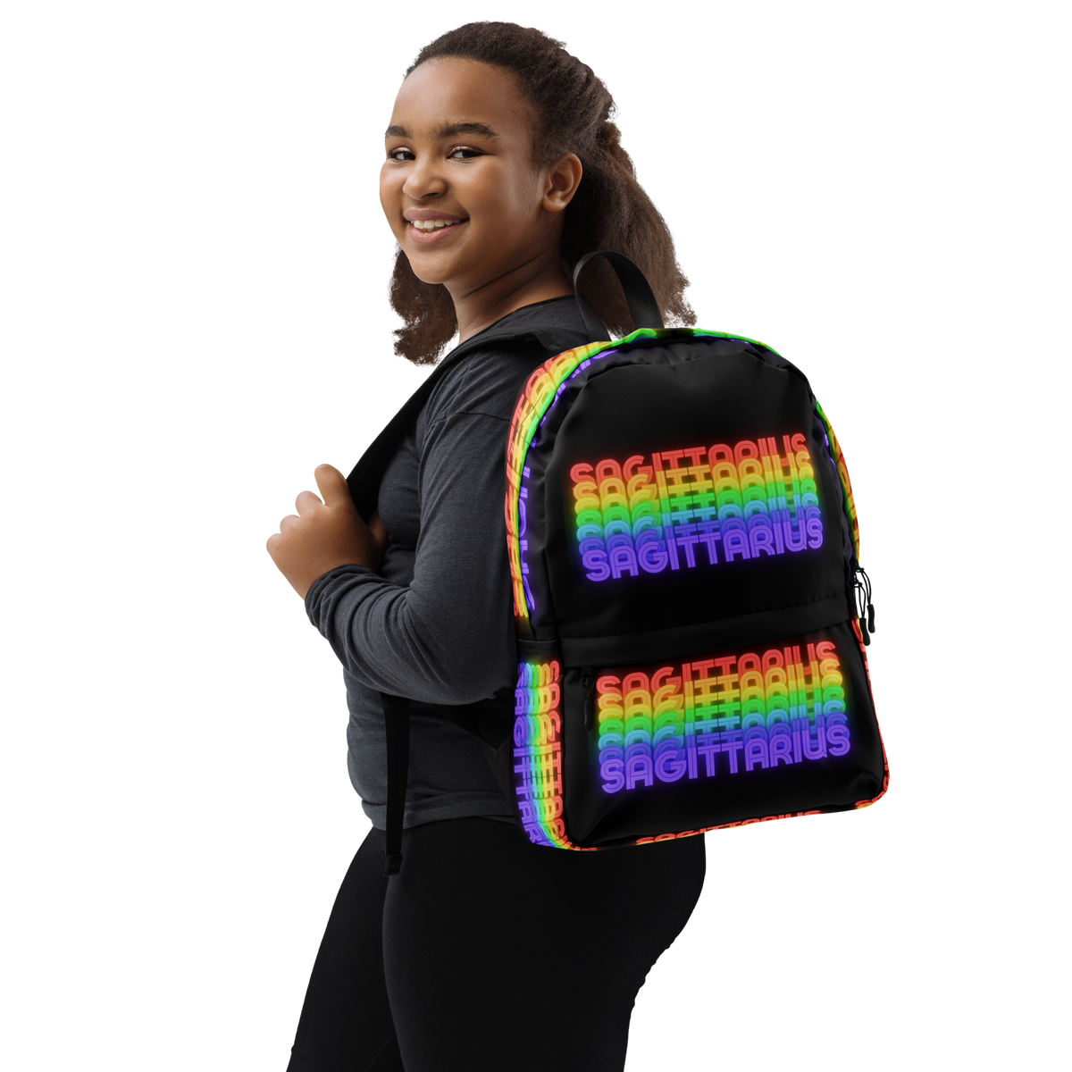 Sagittarius_Rainbow_Black_Backpack_Girl_Wearing_View