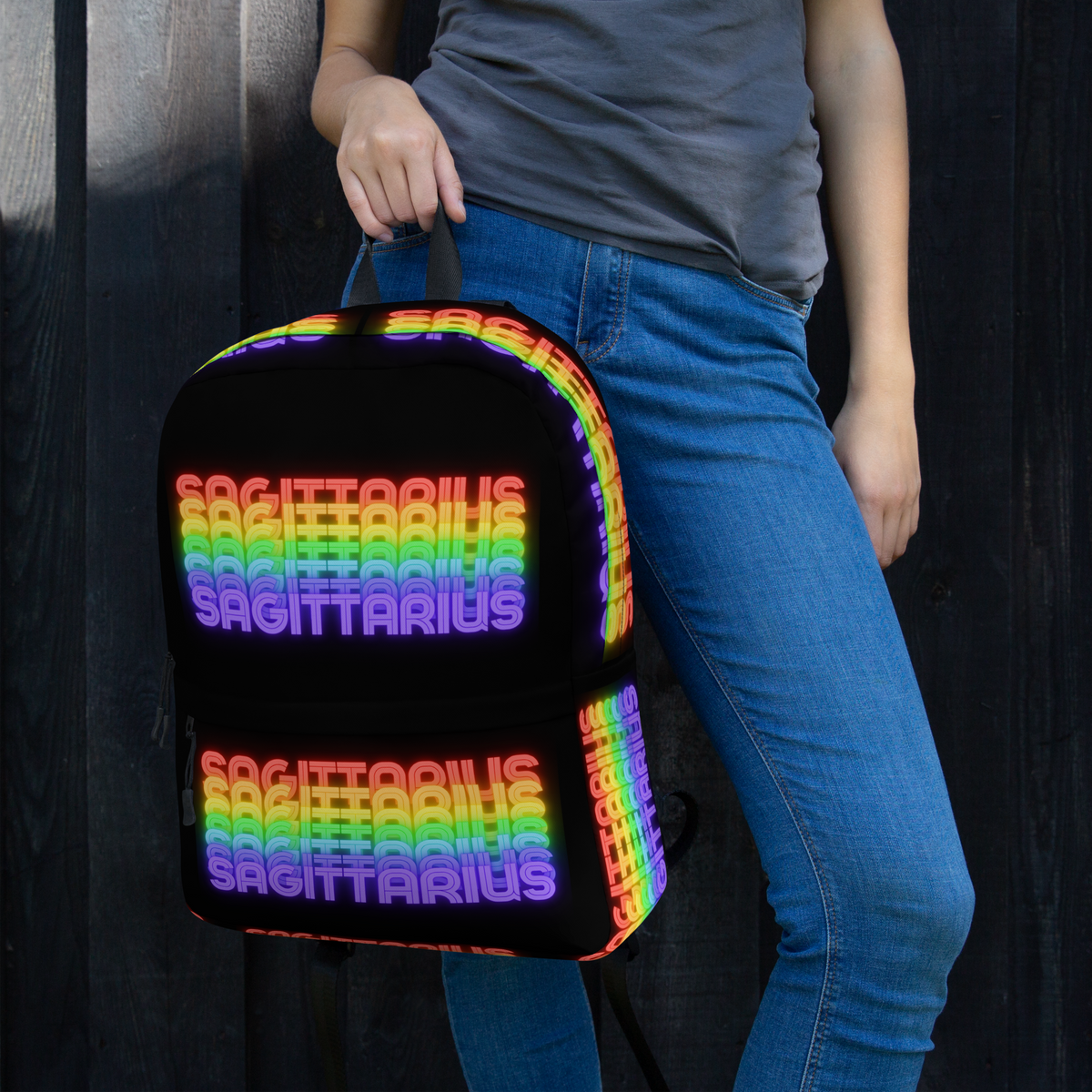 Sagittarius_Rainbow_Black_Backpack_Woman_Carrying_View