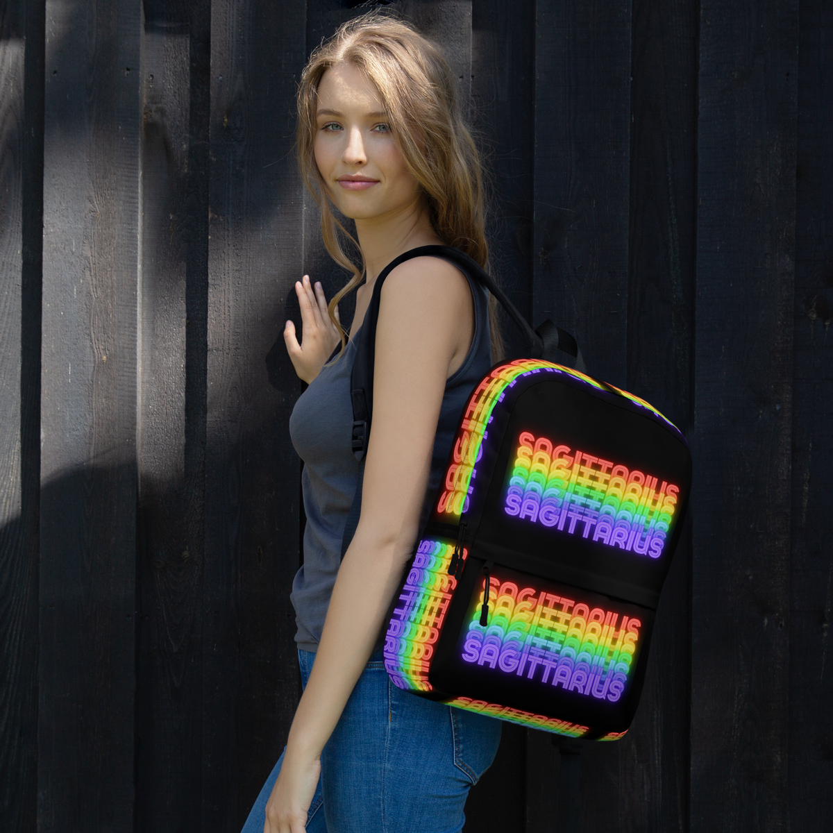 Sagittarius_Rainbow_Black_Backpack_Woman_Wearing_View
