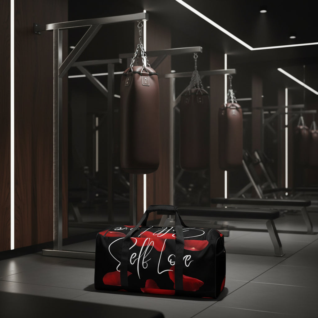 Self Love Black Duffle Bag with Red Rose Petals (Back View)