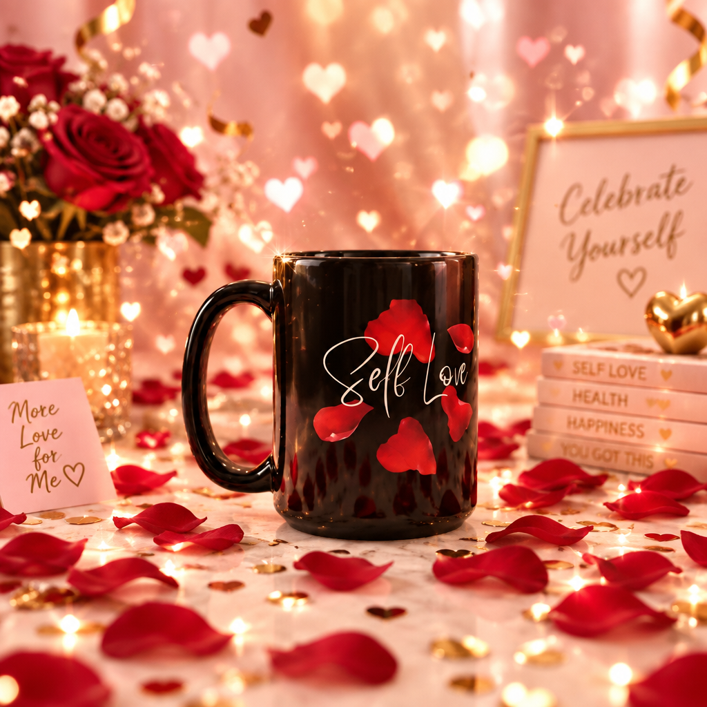 Self Love Black Glossy Coffee Mug With Red Rose Petals - 15 oz. (Handle on the Left View)