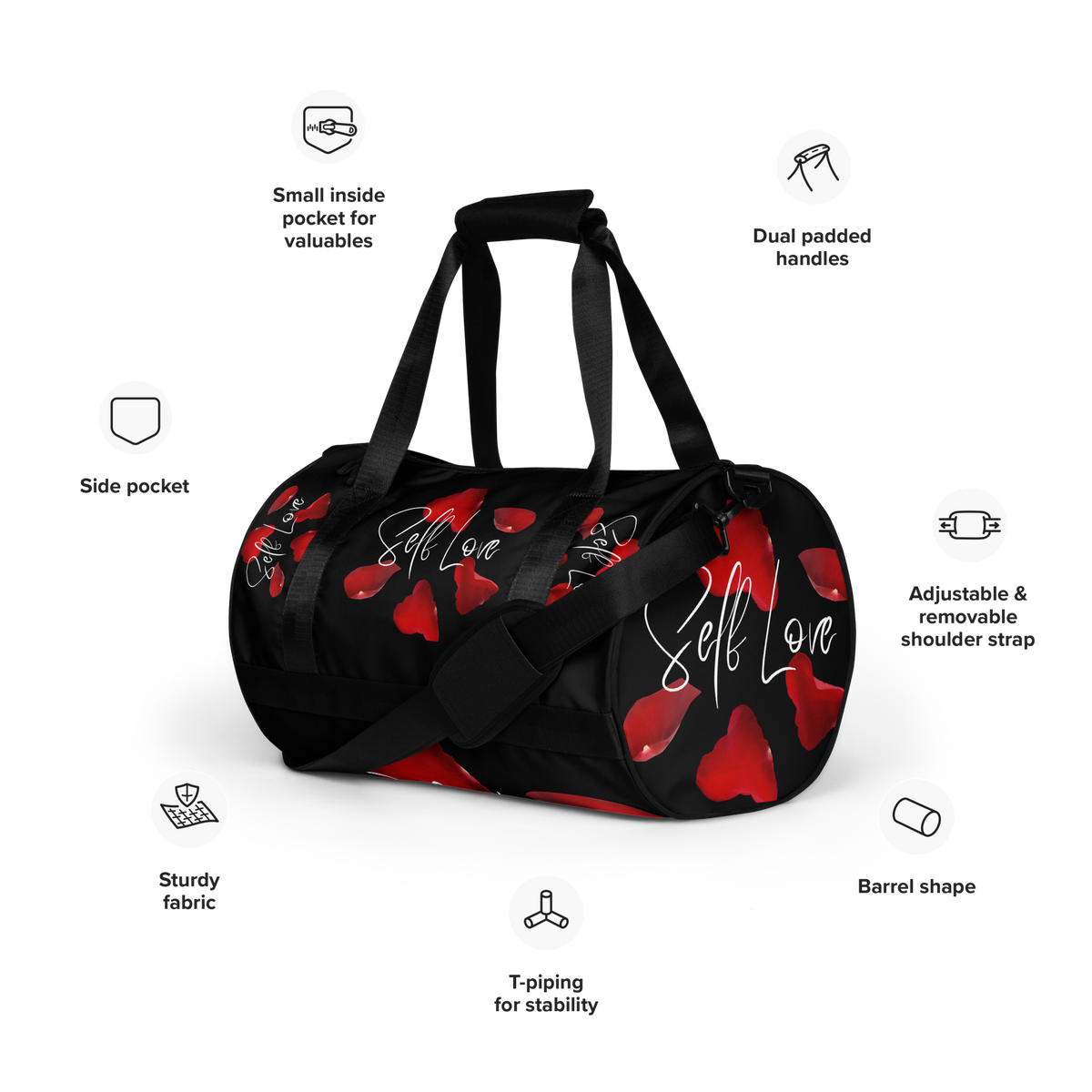 Self Love Black with Red Rose Petals Gym Bag (Descriptions - Left View)