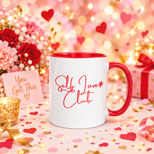 Self Love Club Coffee Mug with Red Color Inside & Handle - 11 oz. (Right Handle View)